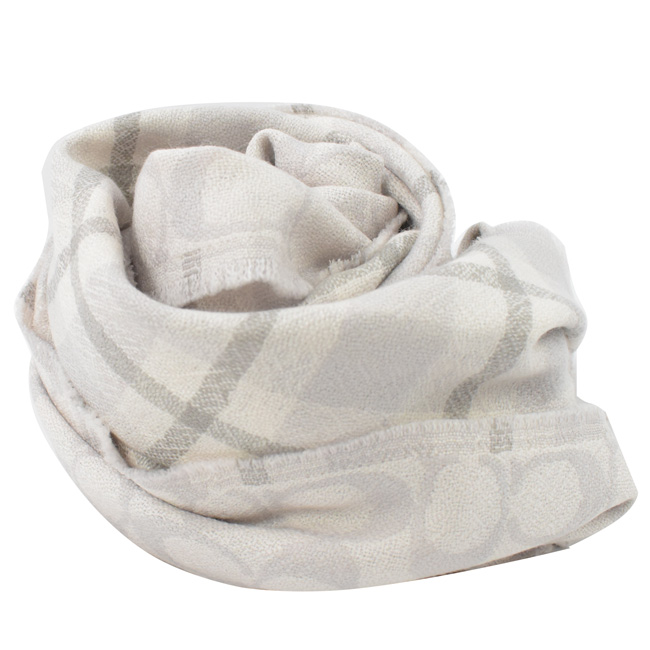 COACH 小LOGO格紋造型長型羊毛圍巾(灰白)