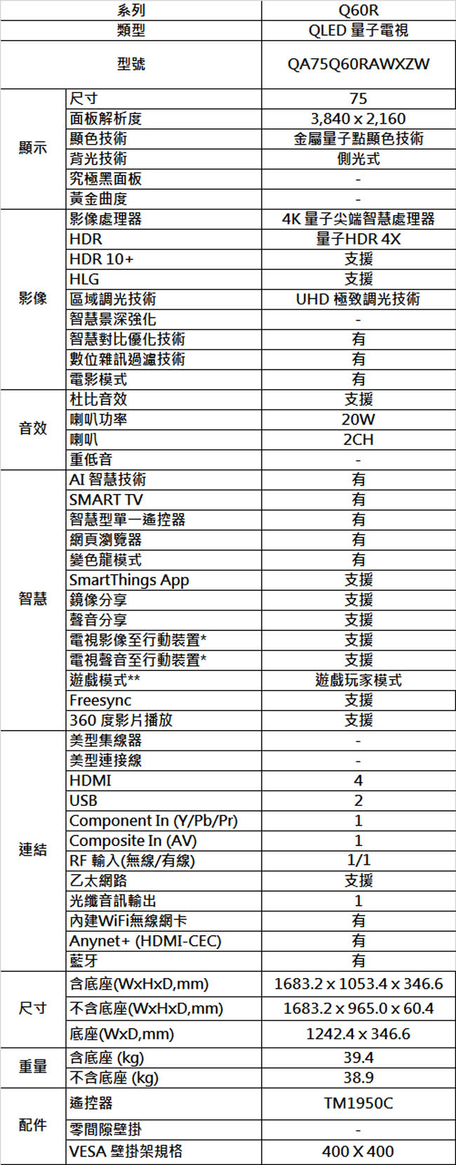 SAMSUNG三星 75吋 4K QLED量子液晶電視 QA75Q60RAWXZW