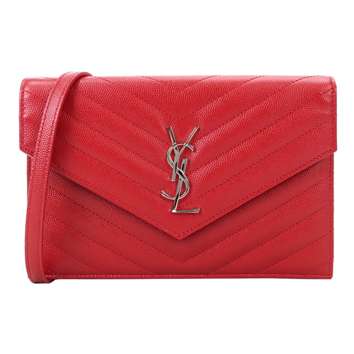 YSL MONOGRAM系列V字縫線魚子醬牛皮金屬LOGO金鍊肩背信封包(紅)