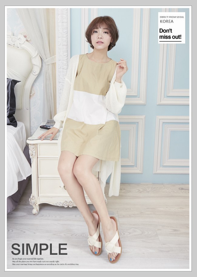 River&Moon中大尺碼-交叉皮革大圓釦平底涼拖鞋-米