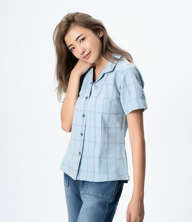 【德國 VAUDE】女款防曬吸溼排汗短袖格紋襯衫VA-06053藍/零碼出清