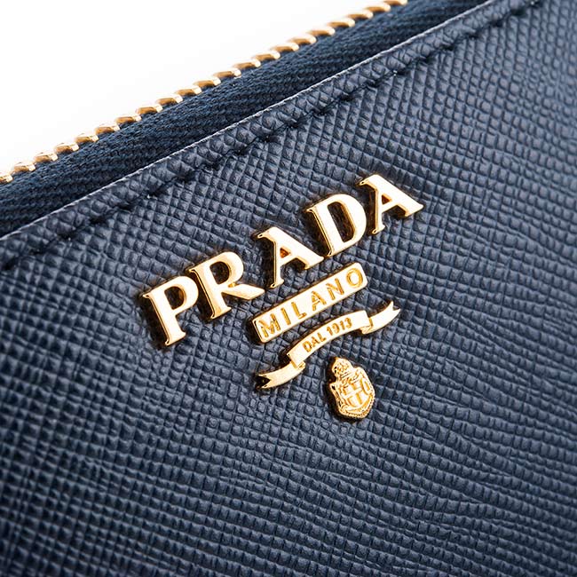 PRADA 經典Saffiano 金字LOGO十字紋牛皮拉鍊零錢包 (深藍)