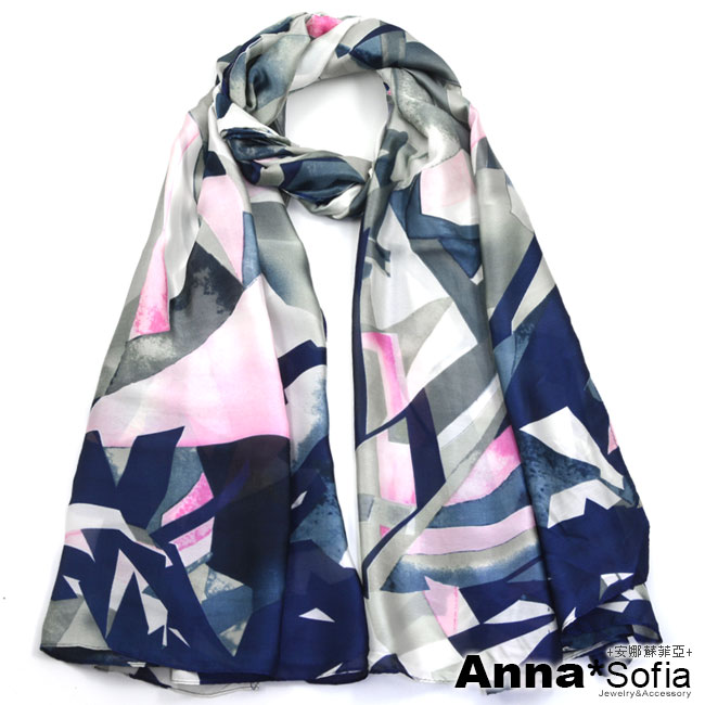 【滿額再75折】AnnaSofia 菱光漫拼色塊 亮緞面仿絲披肩絲巾圍巾(藍系)