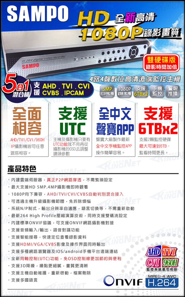 監視器攝影機 - KINGNET 聲寶主機 1440P 4路4聲 監控主機五合一高清混合機