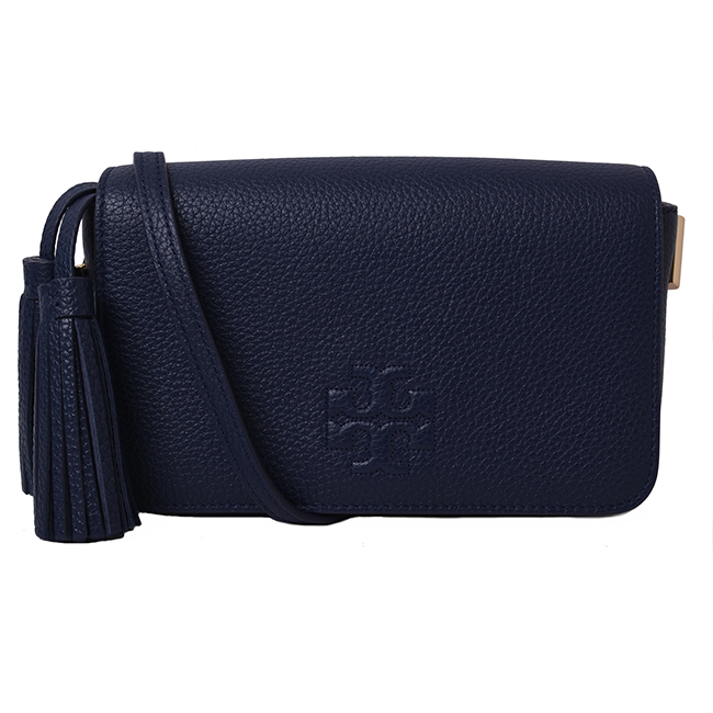 TORY BURCH THEA流蘇荔枝紋縫線LOGO鍊帶斜背方包-海軍藍