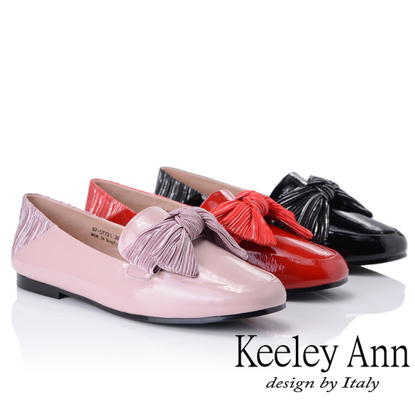 Keeley Ann 甜美氣息~拼接蝴蝶結緞帶懶人平底鞋(紅色-Ann)