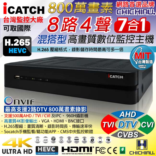 奇巧 H.265 8路4聲800萬 2160P iCATCH數位監控錄影主機