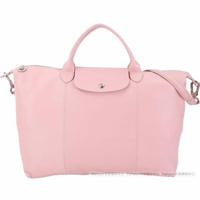 LONGCHAMP Le pliage Cuir 大型短提把羊皮摺疊手提肩背包(玫瑰粉)