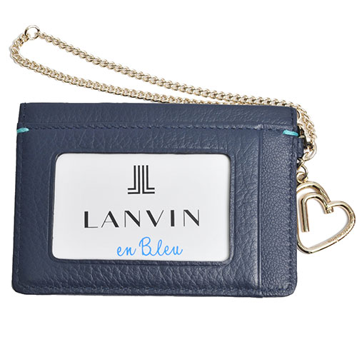 LANVIN 品牌經典LOGO圖騰牛皮愛心掛飾名片夾(深藍)