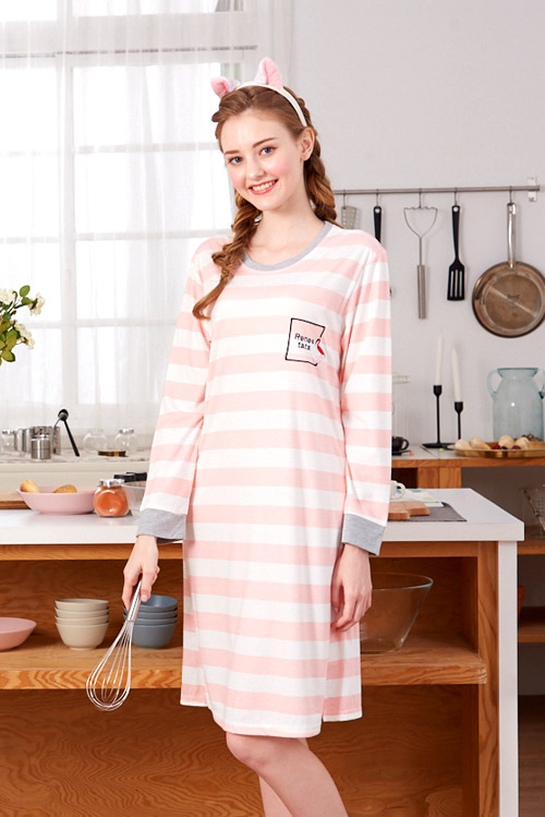 睡衣 條紋紅鶴 針織棉長袖連身睡衣(R75205-2粉色) 蕾妮塔塔