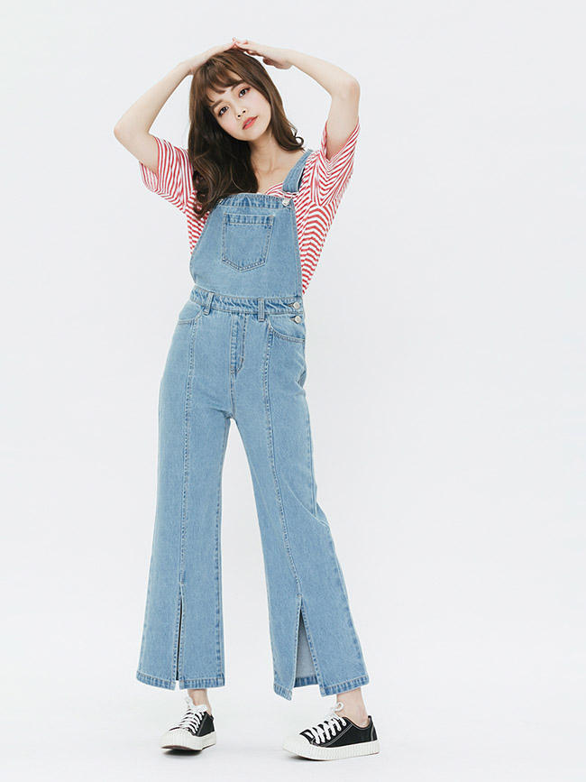 H:CONNECT 韓國品牌 女裝-開岔設計牛仔連身長褲-藍
