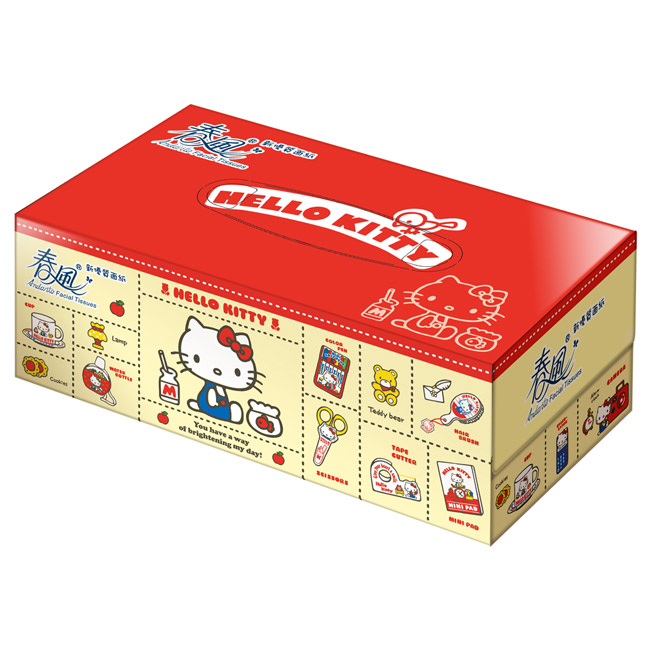 春風盒裝面紙 150抽x5包/串－Hello Kitty雜貨風