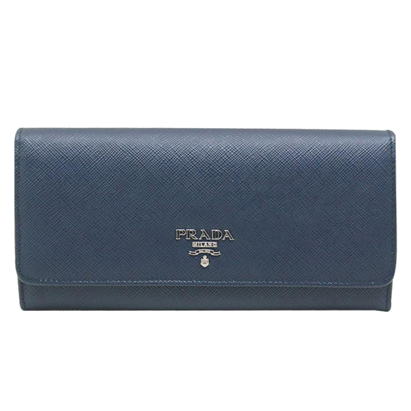 PRADA Saffiano 浮雕防刮牛皮釦式長夾(附可拆式證夾/內淺藍/藍色)