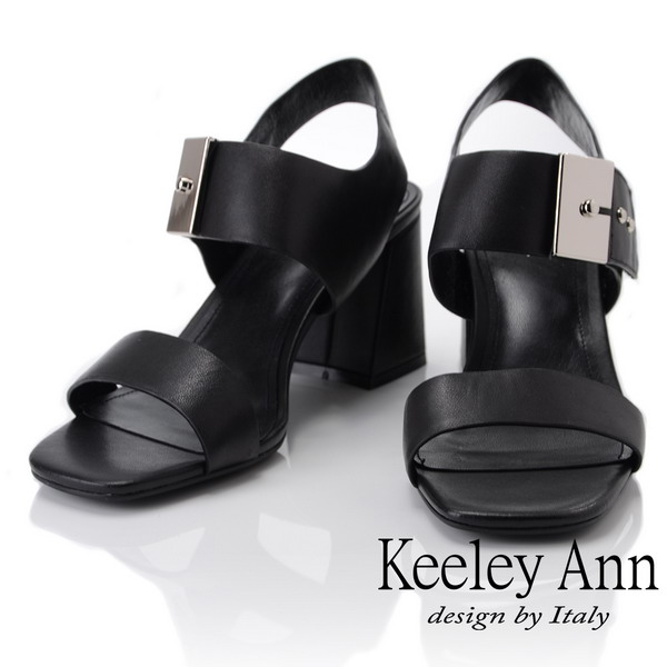 Keeley Ann簡約一字帶 歐美方頭大飾釦粗跟涼鞋(黑色-Ann系列)