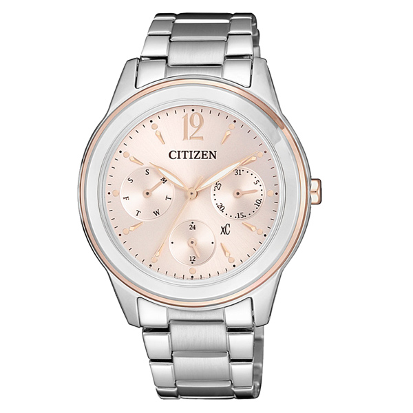 CITIZEN xC光動能絕代氣質三眼腕錶-銀x玫瑰金(FD2065-56W)/35mm