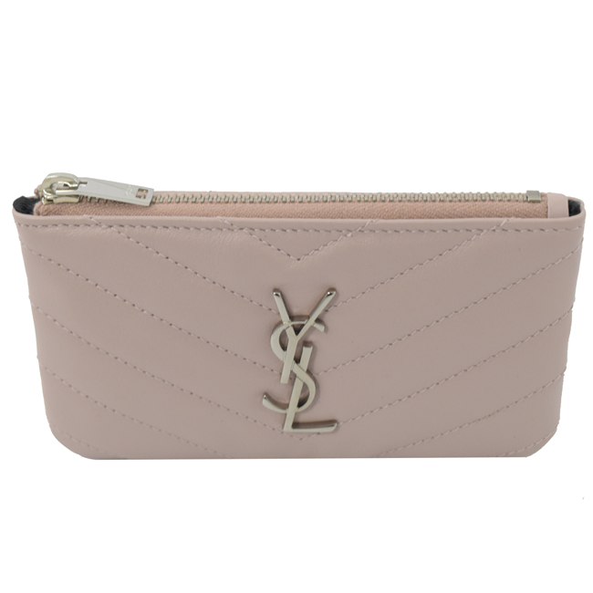 YSL Saint Laurent 金屬LOGO拉鍊零錢包(淡粉)