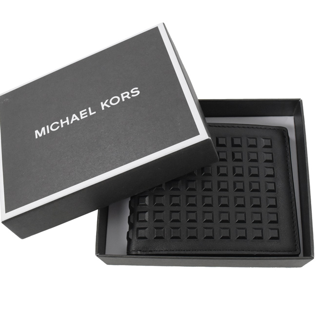 MICHAEL KORS KENT 皮革鉚釘裝飾牛皮六卡短夾(黑/附盒)