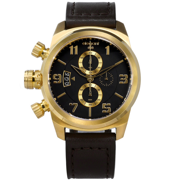 elegantsis 軍事風狙擊鏡設計牛皮手錶-黑x金x深褐/43mm