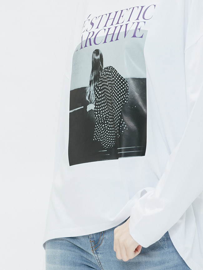 H:CONNECT 韓國品牌 女裝-黑白圖印長袖T-shirt-白