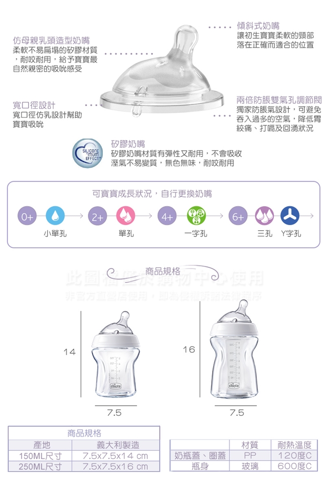 chicco天然母感兩倍防脹玻璃奶瓶150ml-小單孔