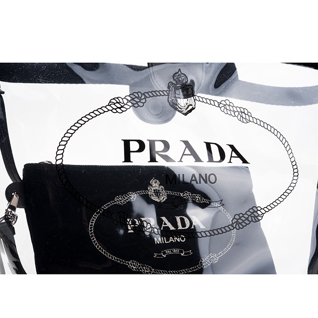 PRADA 透明PVC印字LOGO手提/肩背兩用水桶包附小袋 (小/黑色)