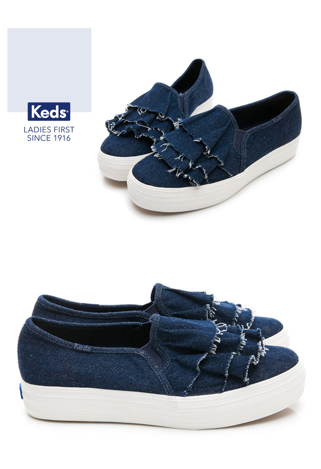 Keds TRIPLE RUFFLE 丹寧荷葉休閒便鞋-牛仔藍