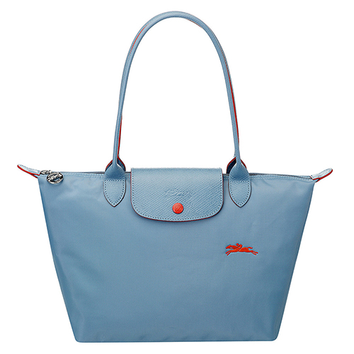 LONGCHAMP Le Pliage系列經典刺繡LOGO長提把手提/肩背包(小)粉藍色