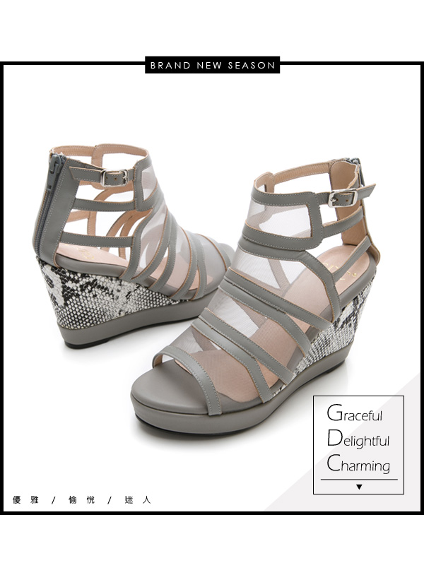 GDC-性感辣妹牛皮網紗拼接時尚高端楔型涼鞋-灰色