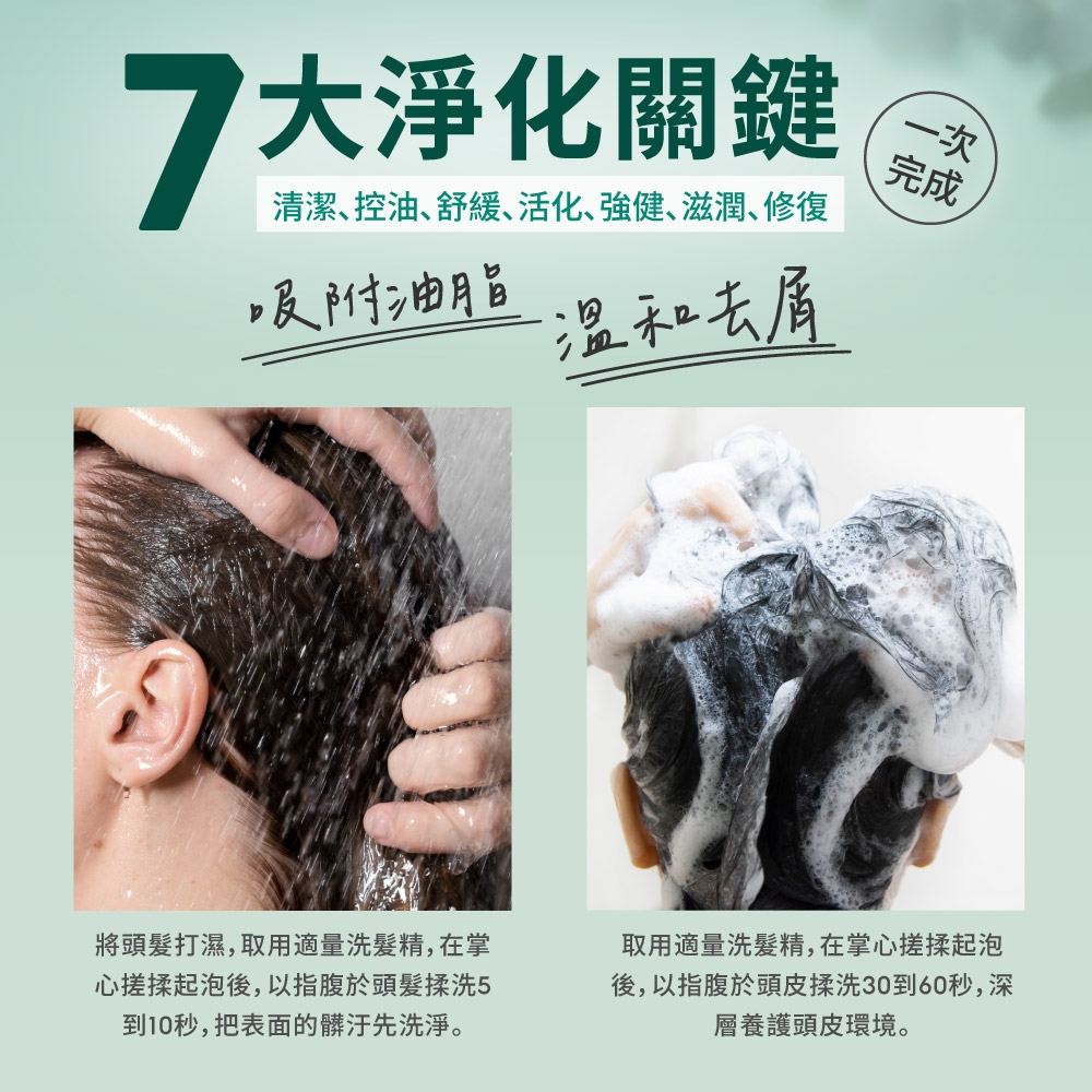 7大淨化關鍵清潔控油舒緩活化、強健、滋潤、修復吸附油脂去屑一次完成將頭髮打濕,取用適量洗髮精,在掌心搓揉起泡後,以指腹於頭髮揉洗5到10秒,把表面的髒汙先洗淨。取用適量洗髮精,在掌心搓揉起泡後,以指腹於頭皮揉洗30到60秒,深層養護頭皮環境。