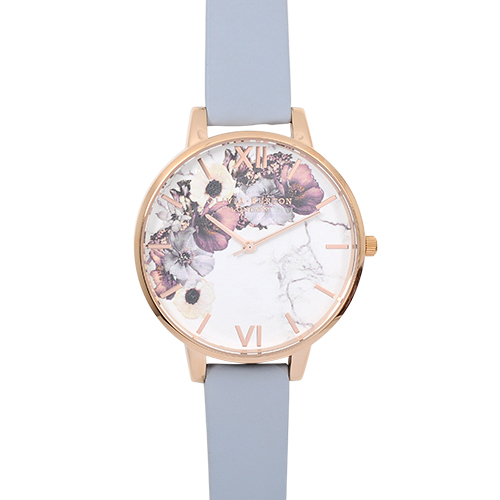 Olivia Burton 英倫復古手錶 大理石花卉紋路 粉藍色真皮錶帶玫瑰金框38mm