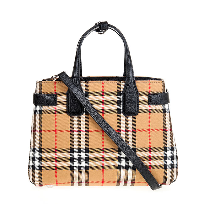 BURBERRY The Banner Vintage 經典格紋皮革小型肩背包 (黑色)