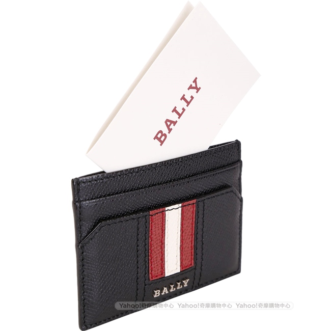 BALLY THAR 經典紅白條紋牛皮卡片夾(黑色)