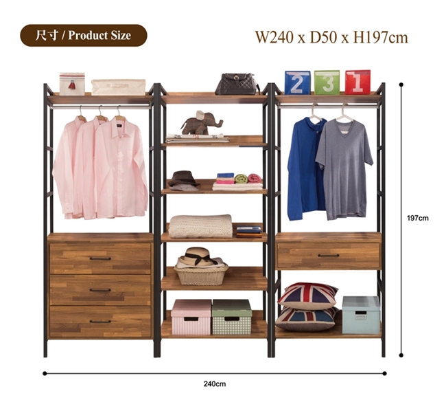 日本直人木業-STEEL積層木工業風一個三抽一個五層一個單抽240CM多功能衣櫃