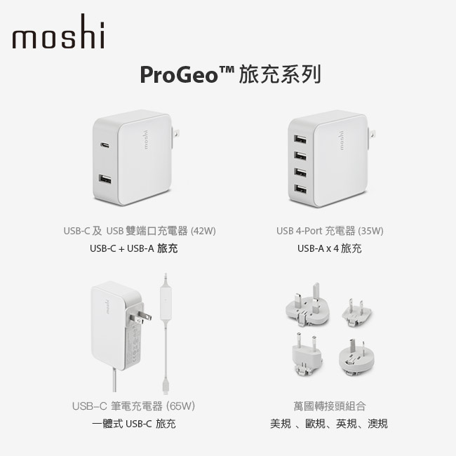 Moshi ProGeo 旅充系列 USB-C 及USB 雙端口充電器 (42W)