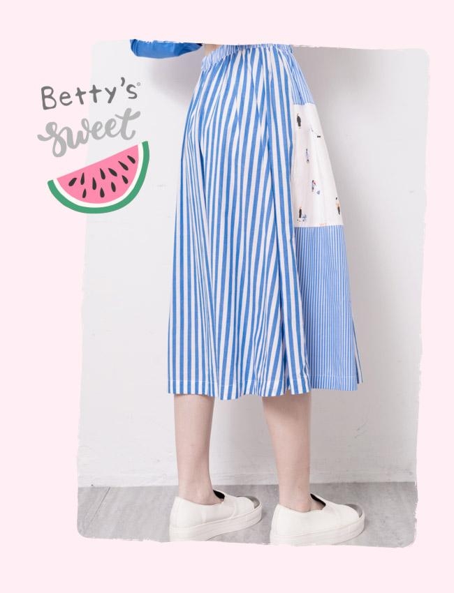 betty’s貝蒂思　氣質條紋拼接印花布七分裙(藍色)