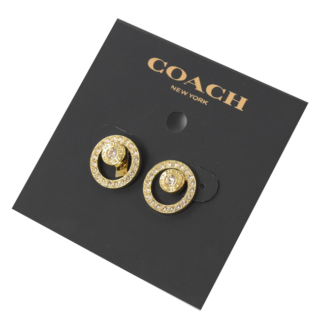 COACH 烙印LOGO圓型小水鑽雙圓耳環(金色)