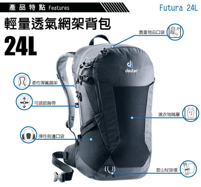 德國 Deuter Futura 24L 輕量網架式透氣背包(附防水背包套)_黑