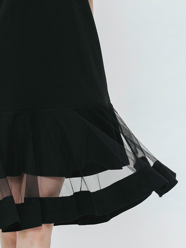 H:CONNECT 韓國品牌 女裝-網紗拼接印字洋裝-黑