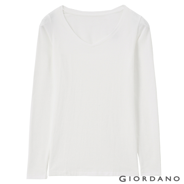 GIORDANO 女款Beau-warmer plus+彈力V領極暖衣-02 白色