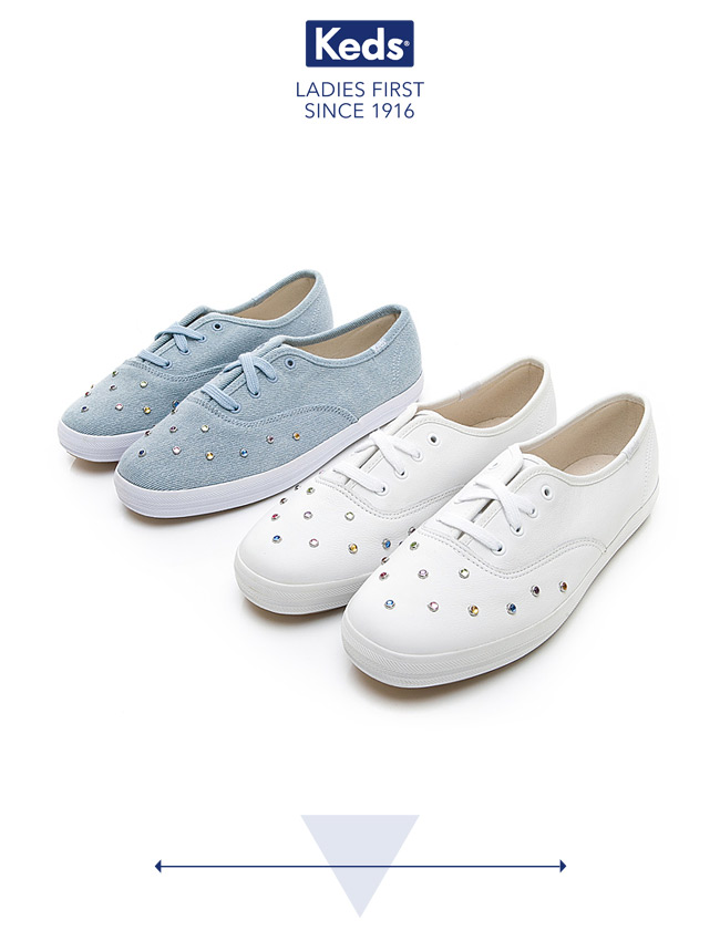 Keds CHAMPION 彩色水鑽皮革綁帶休閒鞋-白