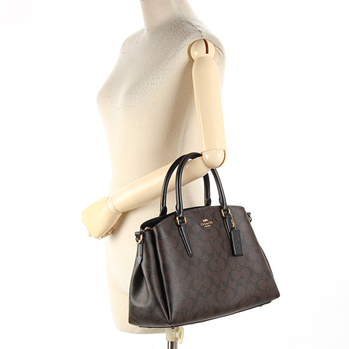 COACH 經典滿版LOGO PVC皮革金屬鏈帶手提/側背兩用三層黛妃包-大-深咖色