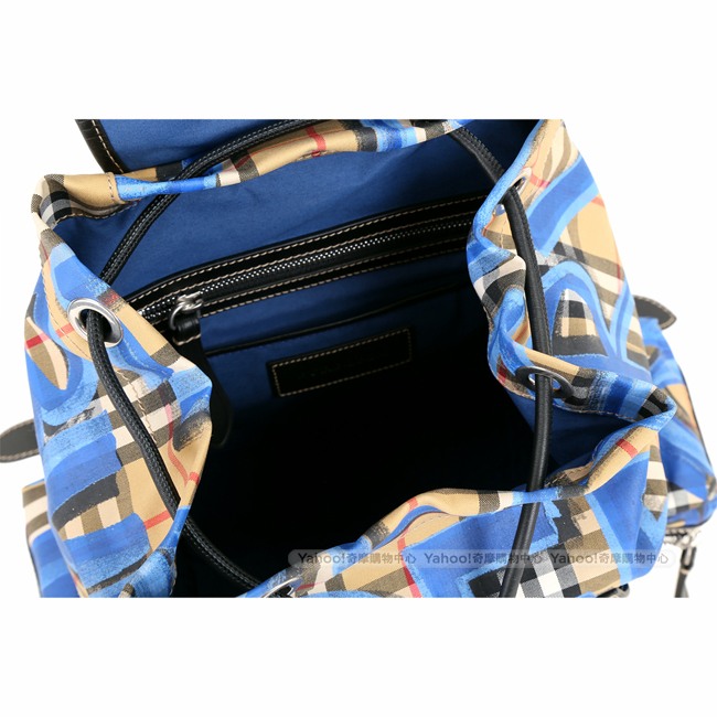 BURBERRY The Rucksack Vintage 中型塗鴉格紋軍旅背包(藍色)