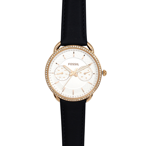 FOSSIL 美國精品手錶 TAILOR晶鑽白錶盤x玫瑰金錶框藍色皮革錶帶35mm