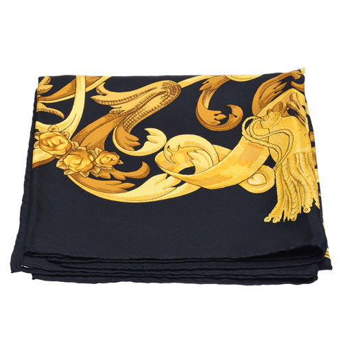 HERMES LE MORS A LA CONETABLE系列圖騰絲質方巾/披巾(黑X金)