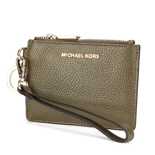 MICHAEL KORS Mercer 金LOGO荔枝紋皮革證件零錢手拿包-橄欖綠色