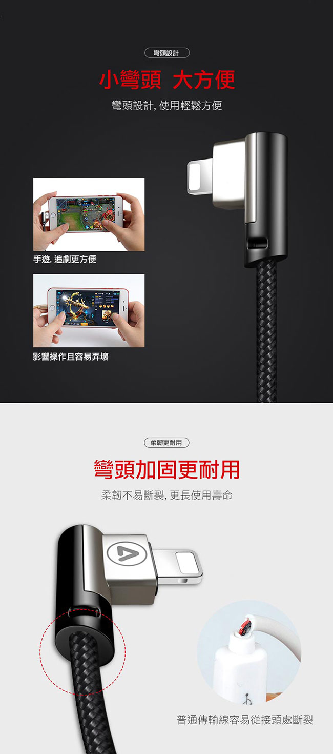 ASZUNE APPLE Lightning 傳輸線 充電線 L型雙彎頭設計 編織線