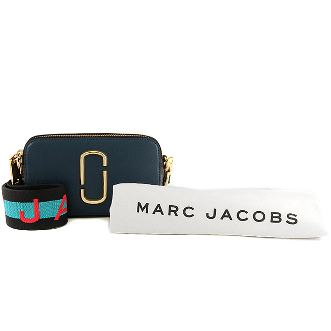 MARC JACOBS Snapshot防刮牛皮品牌字母LOGO織帶相機包(深藍色)