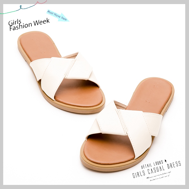 River&Moon中大尺碼-交叉寬帶皮革平底涼拖鞋-米