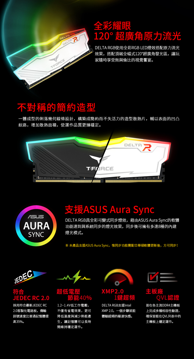 TEAM十銓 Delta RGB 黑色 DDR4-2400 8GB 桌上型記憶體