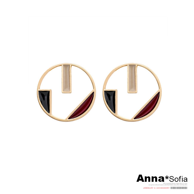 【3件5折】AnnaSofia 韓流釉彩色塊 耳針耳環(圓幾何-紅黑米系)